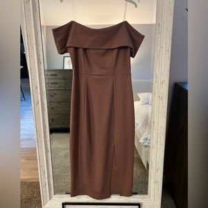 Off the shoulder midi cocktail or wedding guest dress